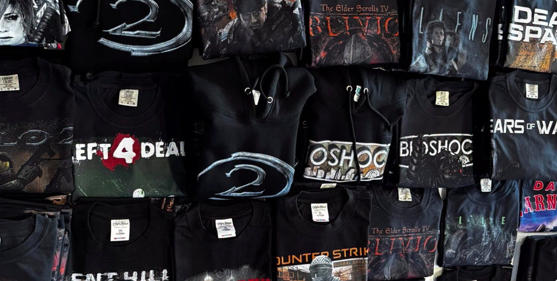 A collection of graphic screen-printed shirts produced at Elder Print Co.